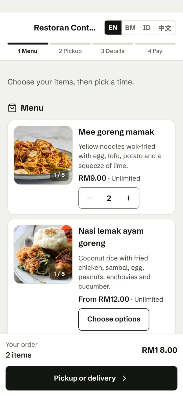 Food ordering page on a phone: a menu with photos, prices and stock, such as Mee goreng mamak RM9 with 2 added and Nasi lemak ayam goreng from RM12 with a Choose options button. The bar at the bottom shows 2 items, RM18.