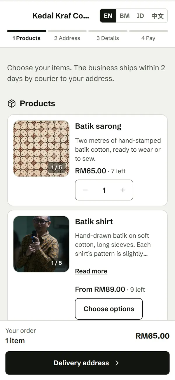 Online shop page on a phone: products with photos, prices and stock left, such as Batik sarong RM65 with 7 left and 1 added, and Batik shirt from RM89 with 9 left. The bar at the bottom shows 1 item, RM65, and a Delivery address button.