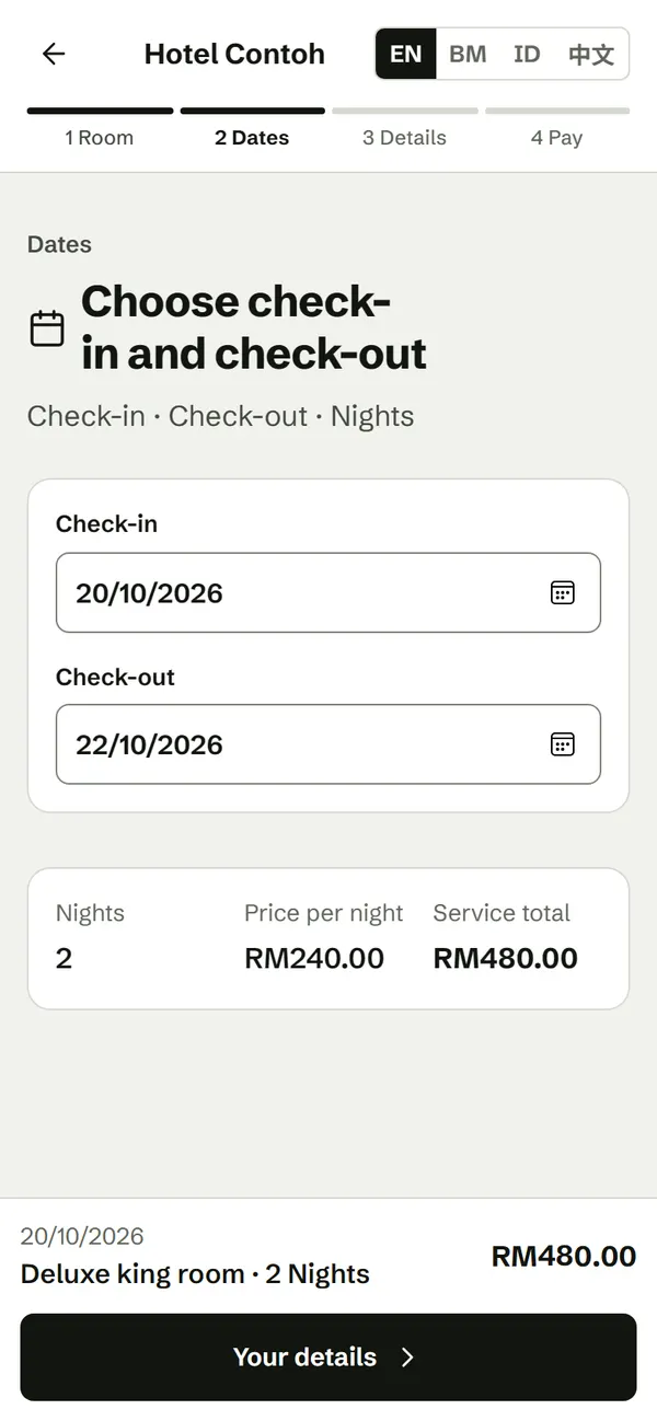 Choosing dates for a stay on a phone: check-in 20/10/2026 and check-out 22/10/2026, with 2 nights at RM240 a night and a total of RM480 for a Deluxe king room.
