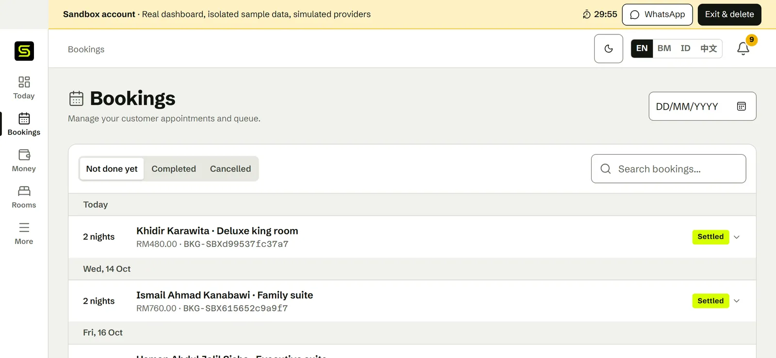 The owner’s Bookings page for a hotel: each stay shows the number of nights, the guest, the room type, the total, such as RM480 for 2 nights in a Deluxe king room, and a Settled status.